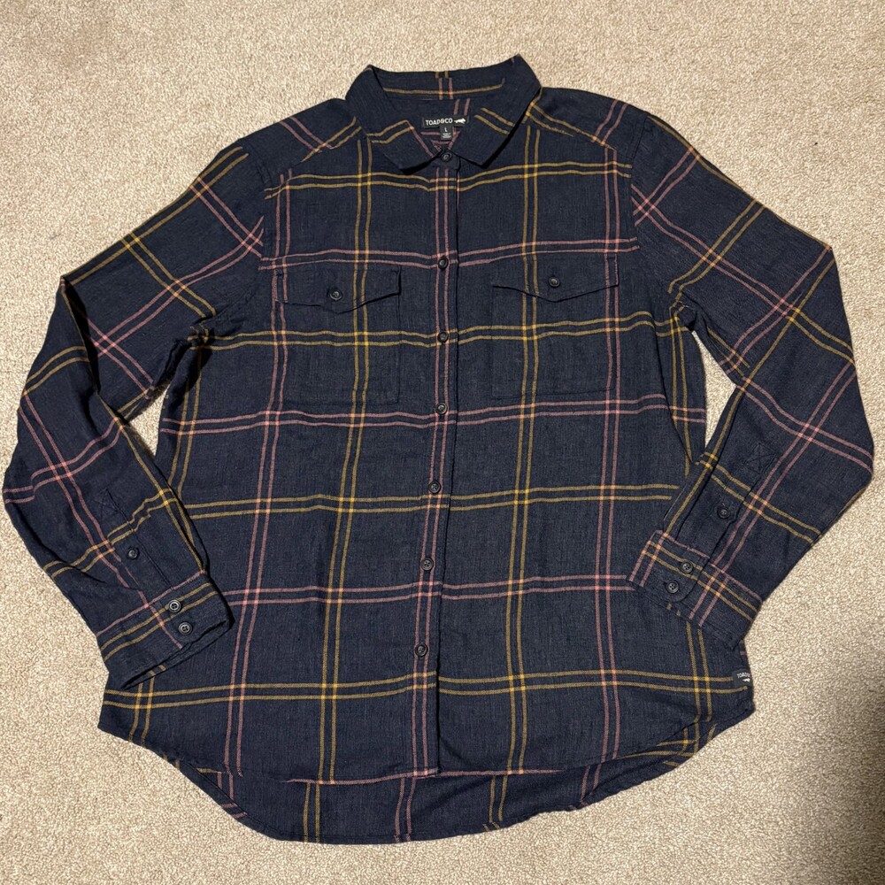 Toad & Co Womens Flannel Shirt Button Down Soft Navy Blue Windowpane Plaid, Sz L